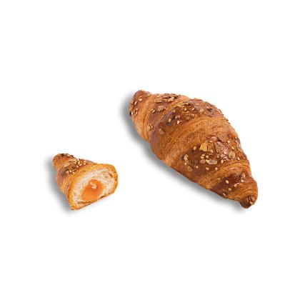 Ganzes Croissant mit Kernen und Nüssen neben einem halbierten mit orangefarbener Fruchtfüllung