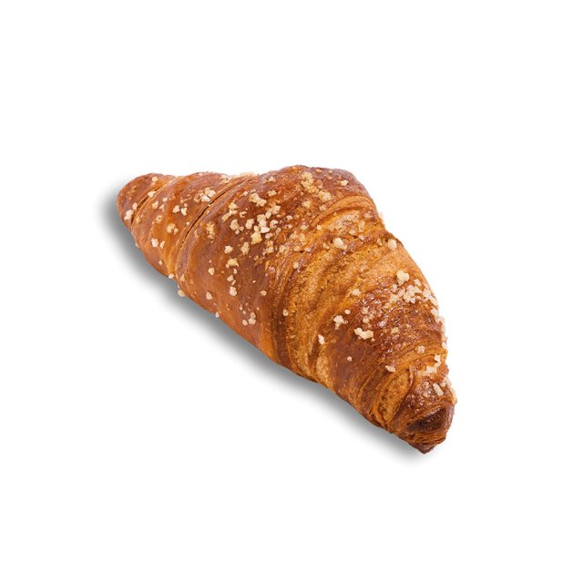 Goldbrauner Croissant mit grobem Zuckerstreusel, vor weißem Hintergrund