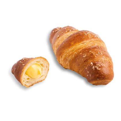 Goldener Pretzel-Croissant mit grobem Salz, ganz und aufgeschnitten mit cremiger Butterfüllung.