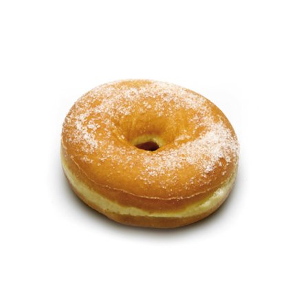 Goldener Donut-Ring mit Kristallzucker überzogen, freigestellt auf weißem Hintergrund.