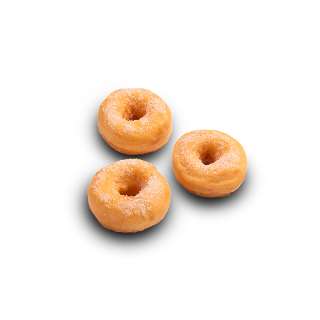 Drei mit Zucker überzogene Mini-Donuts auf weißem Hintergrund.