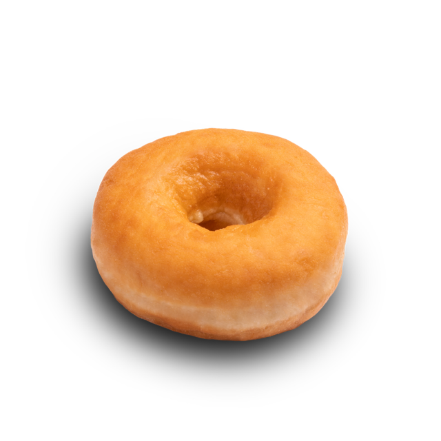 Klassischer glasierter Donut mit Loch in der Mitte, auf weißem Hintergrund.
