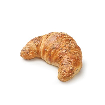 Goldbraunes Croissant mit gemischten Samen in Halbmondform auf weißem Hintergrund.