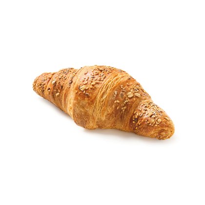 Goldbraun gebackenes Mehrkorn-Croissant mit Samen und Haferflocken auf weißem Hintergrund.