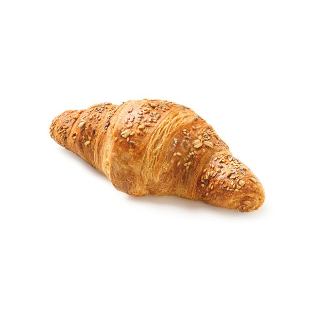 Goldbraun gebackenes Mehrkorn-Croissant mit Samen und Haferflocken auf weißem Hintergrund.