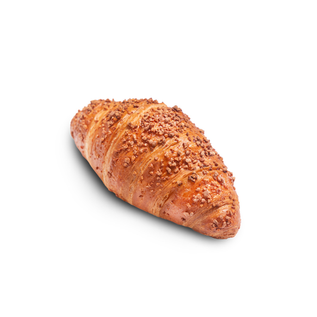 Goldbrauner Croissant mit knusprigen Nusskrümeln, auf weißem Hintergrund