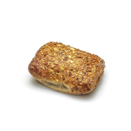Kleines Mehrkornbrötchen mit gemischten Saaten und Haferflocken auf weißem Hintergrund.