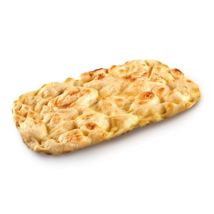 Rechteckiges Fladenbrot mit goldbrauner, genoppter Kruste, auf weißem Hintergrund.