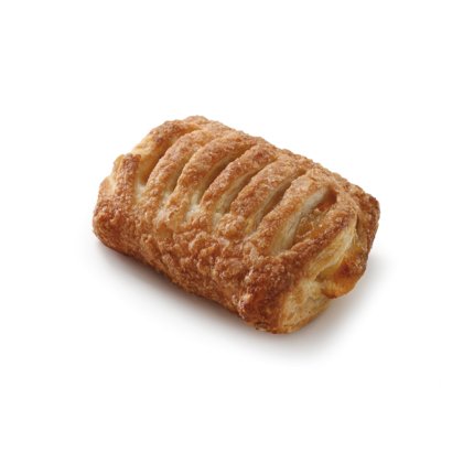 Goldbraunes Blätterteiggebäck mit eingeschnittener Oberfläche, Zuckerkruste, auf weißem Hintergrund.