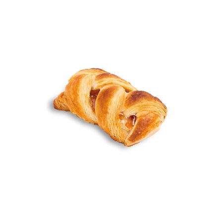 Geflochtenes Gebäck mit goldbrauner Kruste und sichtbarer Fruchtfüllung, auf weißem Hintergrund.