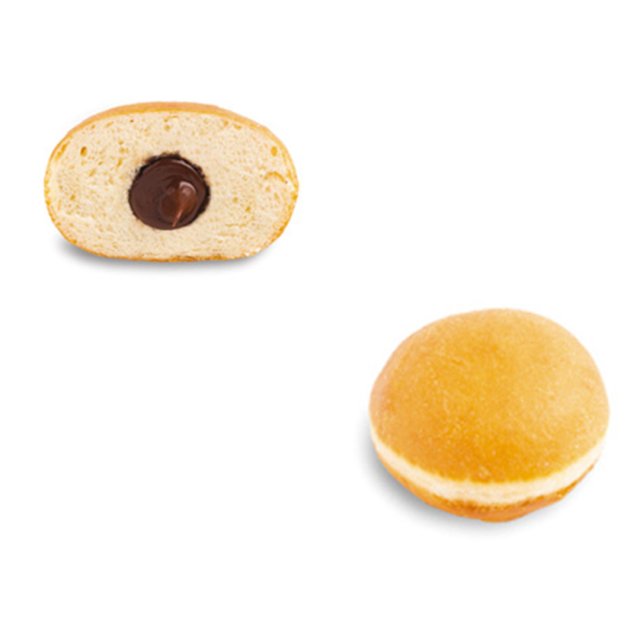 Goldbraunes gefülltes Donut, ganz und aufgeschnitten mit Schokoladenfüllung im Inneren