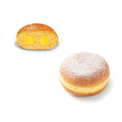 Ganzer, mit Puderzucker bestäubter Donut neben Querschnitt mit zwei Taschen gelber Cremefüllung.