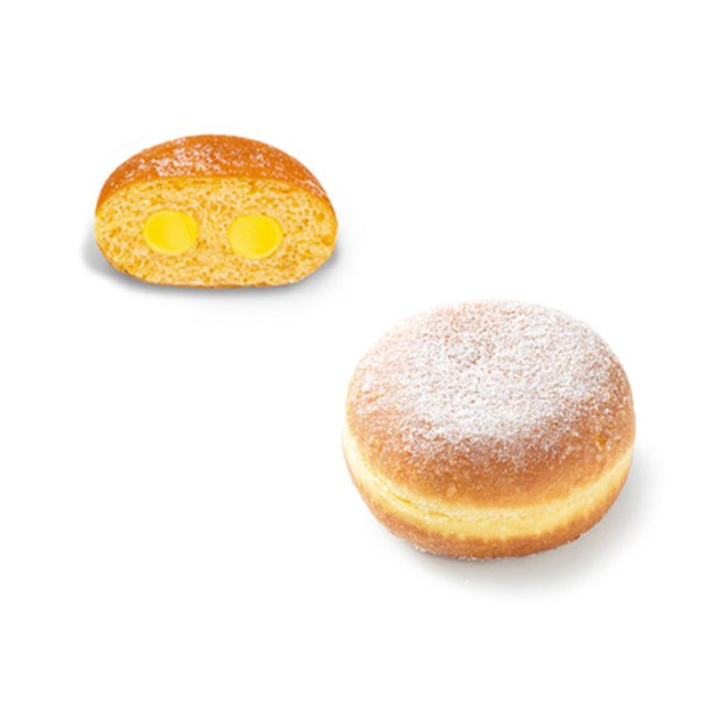 Ganzer, mit Puderzucker bestäubter Donut neben Querschnitt mit zwei Taschen gelber Cremefüllung.