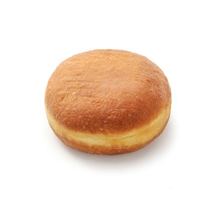 Runder goldbrauner gefüllter Krapfen ohne Loch, ungeglasiert, auf weißem Hintergrund