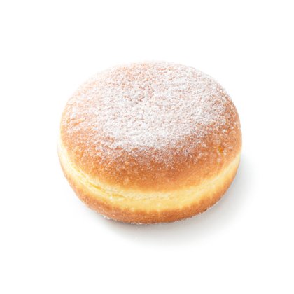 Runder goldbrauner gefüllter Krapfen mit Puderzucker, auf weißem Hintergrund
