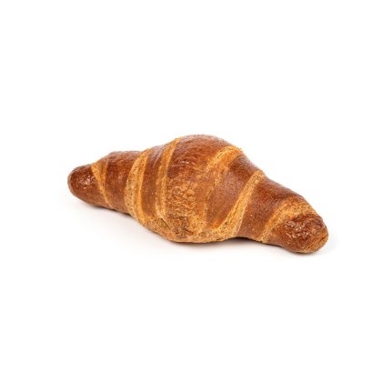 Goldbraunes, gebogenes Croissant auf weißem Hintergrund.