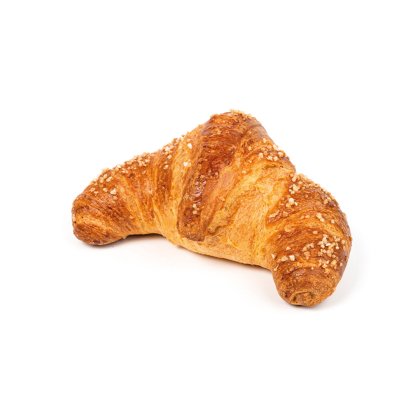 Goldbrauner Croissant mit knuspriger Zuckerkruste, gebogene Form, auf weißem Hintergrund