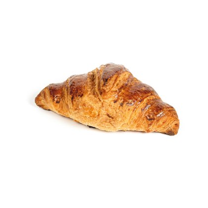 Goldbraun gebackenes Croissant mit glänzender, blättriger Kruste auf weißem Hintergrund.
