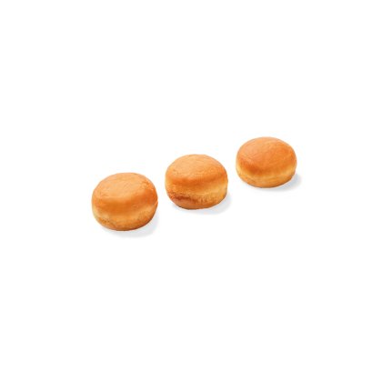 Drei glasierte Donut-Kugeln ohne Füllung und Topping, diagonal auf weißem Hintergrund angeordnet.