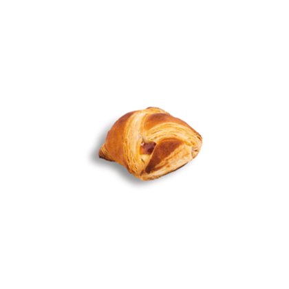 Goldener Mini-Croissant mit einem Hauch roter Marmeladenfüllung, auf weißem Hintergrund.