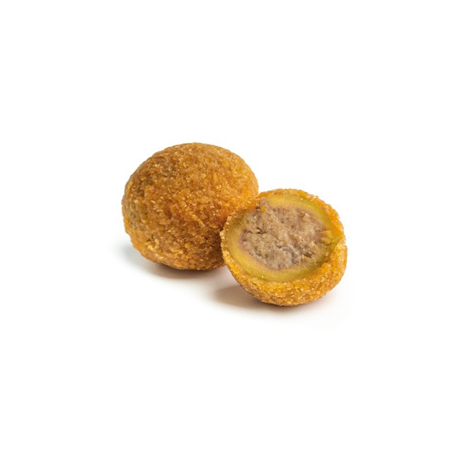 Zwei panierte, frittierte Kroketten, eine ganz und eine halbiert mit cremiger Fleischfüllung.