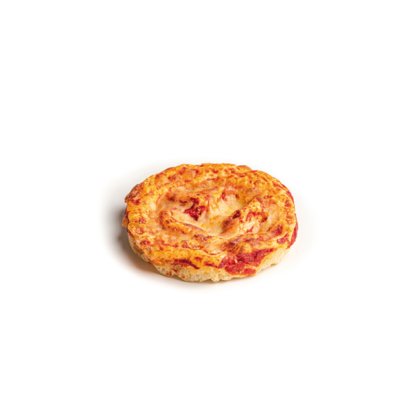 Runde Mini-Pizza mit geschmolzenem Käse und Tomatensauce, gebräunter Rand, auf weißem Hintergrund.