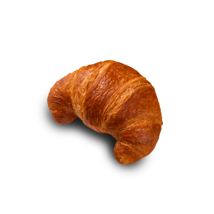 Goldbraunes, gebogenes Croissant mit blättrigen, glänzenden Schichten auf weißem Hintergrund.