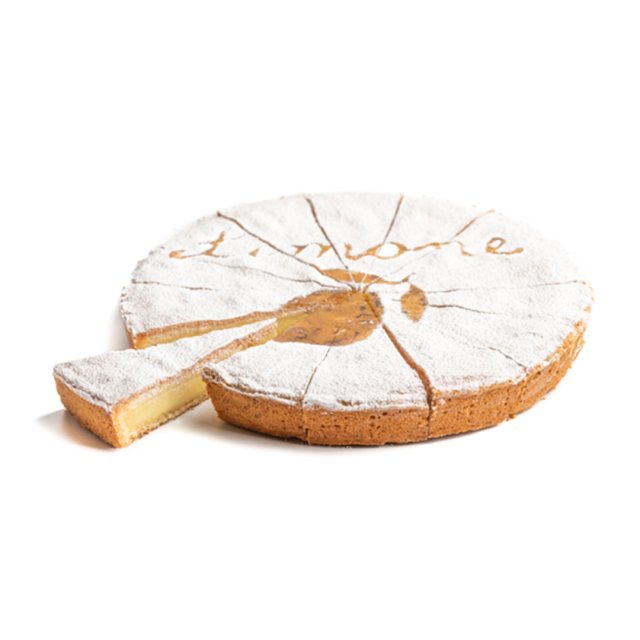 Runder Zitronenkuchen mit Puderzucker, Schriftzug "limone" in Schreibschrift, ein Stück herausgeschnitten.