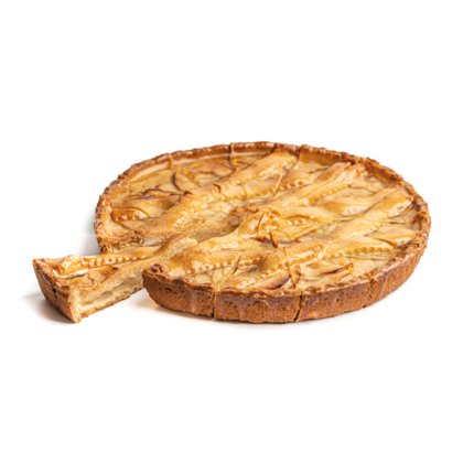 Runde Apfeltarte mit goldener Kruste, in Stücke geschnitten, ein Stück herausgenommen mit cremiger Füllung.