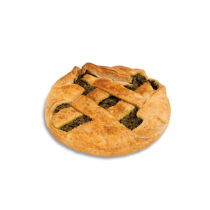 Runde Torte mit goldenem Gitterteig und dunkelgrüner Füllung, isoliert auf weißem Hintergrund.