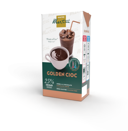Master Martini Golden Cioc Schokoladencreme im Karton, 25% Kakao, glutenfrei, für heiße und kalte Getränke.