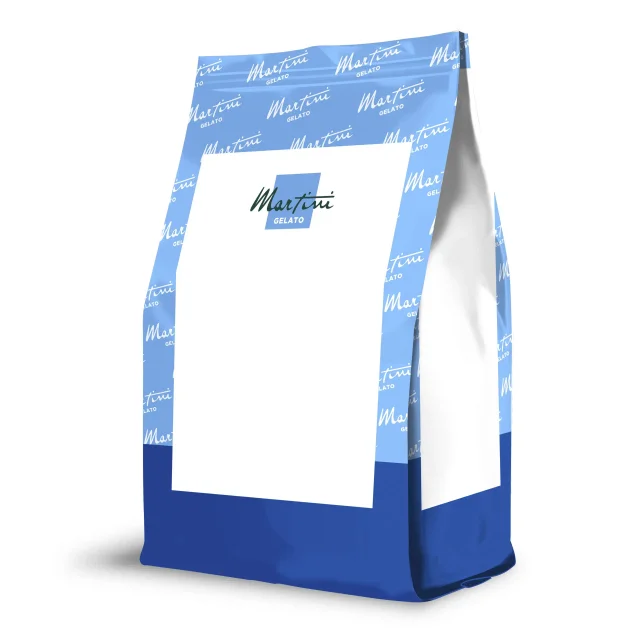 Blau-weißer Standbeutel mit "Martini Gelato"-Logo auf leerem weißem Etikett, Produktmockup.