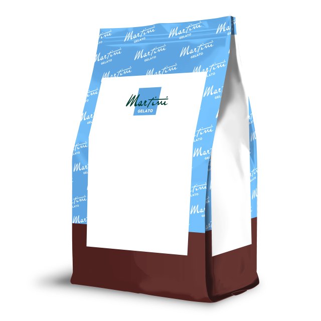 Mockup eines blau-braunen Standbeutels mit leerem weißem Etikett und "Martini Gelato"-Logo