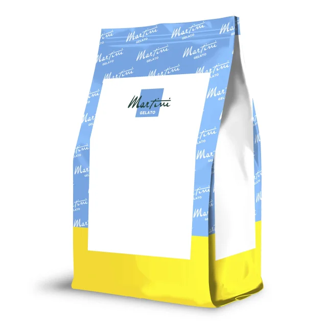 Mockup eines Standbeutels mit blau-gelbem Muster oben und unten, weißes Etikett "Martini Gelato".