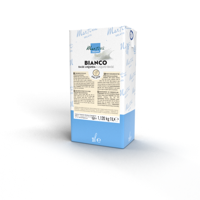 1-Liter-Packung der flüssigen Basis Martini Gelato Bianco, weiß-blaue Verpackung mit Produktetikett.