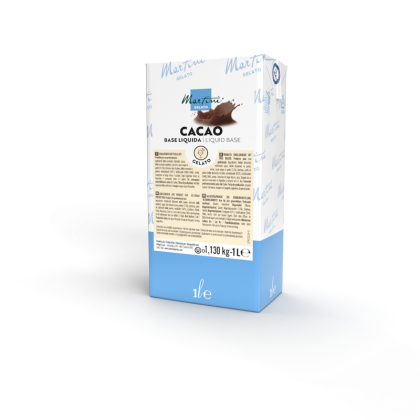 1-Liter-Packung Martini Gelato Cacao Flüssigbasis, blau-weiße Verpackung mit Schokoladenspritzer-Design.