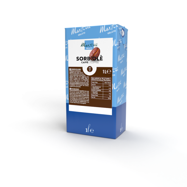 Blau-braune 1-Liter-Packung Martini Gelato Sorbolè mit Kaffeegeschmack, Kaffeebohnen-Grafik auf dem Etikett.