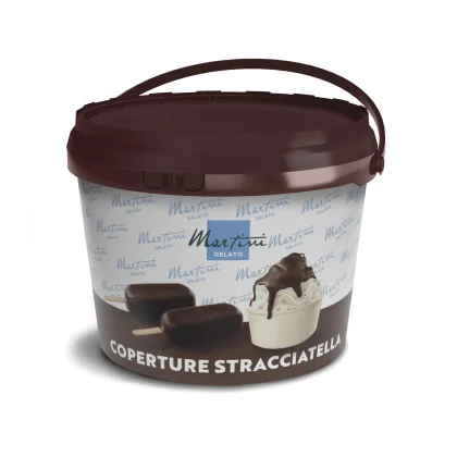 Brauner Kunststoffeimer mit Schokoladenüberzug Martini Gelato, Etikett "Coperture Stracciatella", mit schokoüberzogen...