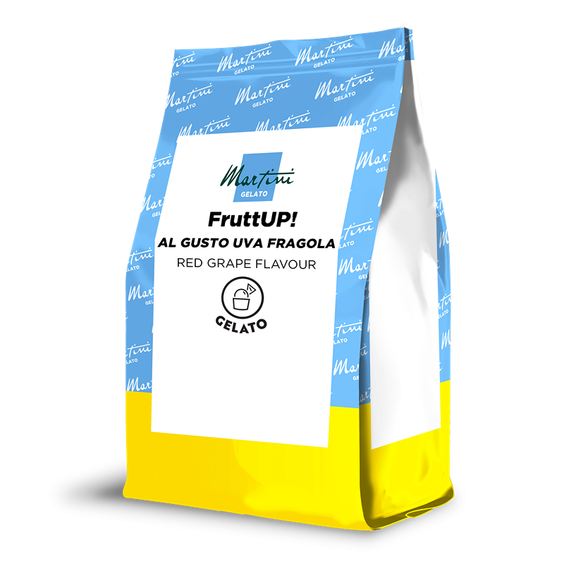 Blau-gelbe Packung Martini Gelato FruttUP! Eismix mit Geschmack roter Trauben.