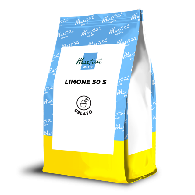 Blau-gelber Standbeutel mit Aufschrift "Martini Gelato Limone 50 S" und Eiskugel-Symbol