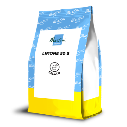 Blau-gelber Standbeutel mit Aufschrift "Martini Gelato Limone 50 S" und Eiskugel-Symbol
