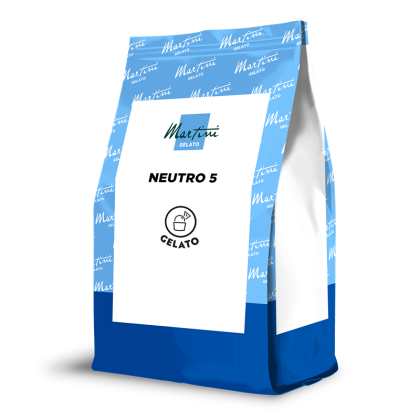 Blau-weißer Standbeutel Martini Gelato Neutro 5 mit Logo in Form einer Eisportionierer-Schaufel.