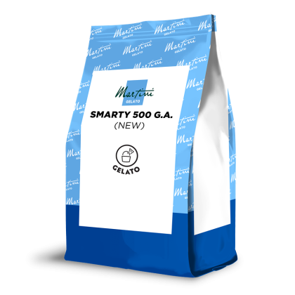Blau-weißer Standbeutel mit Etikett Martini Gelato Smarty 500 G.A. (Neu), Eisverpackung.