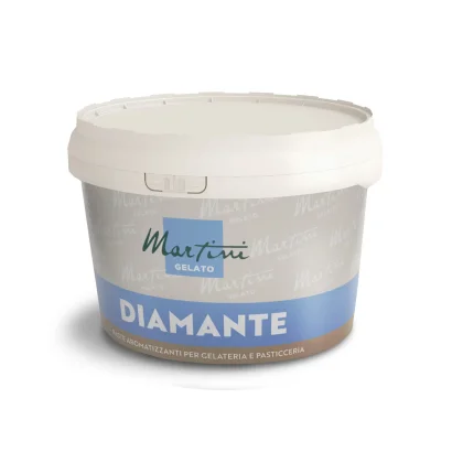 Weißer Behälter Martini Gelato Diamante Aromapaste für Eis und Konditorei, mit grau-blauem Etikett.