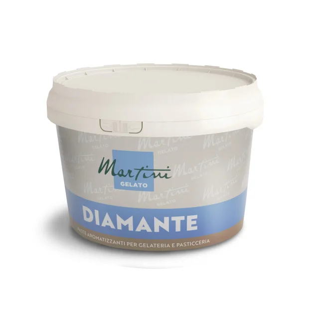Weißer Behälter Martini Gelato Diamante Aromapaste für Eis und Konditorei, mit grau-blauem Etikett.