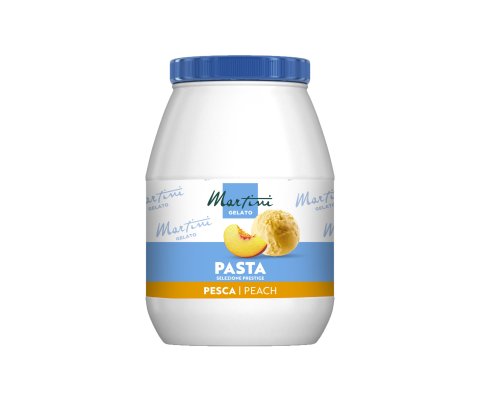 Weißer Kunststoffbehälter mit blauem Deckel, Etikett "Martini Gelato Pasta Selezione Prestige, Pesca/Peach", mit Pfir...