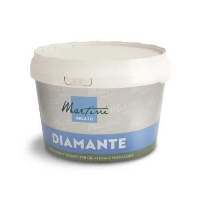 Weißer Kunststoffbehälter mit Martini Gelato Diamante Aromapaste für Eis und Patisserie.