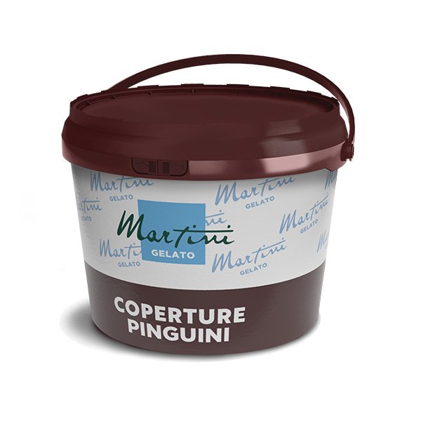Dunkelbrauner Kunststoffeimer mit Griff, beschriftet mit Martini Gelato Coperture Pinguini, ein Schokoladenüberzugspr...