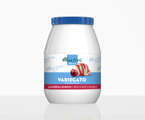 Weißer Kunststoffbehälter mit blauem Deckel, Etikett Martini Gelato Variegato Amarena Rubino, rote Sauerkirsche, mit ...