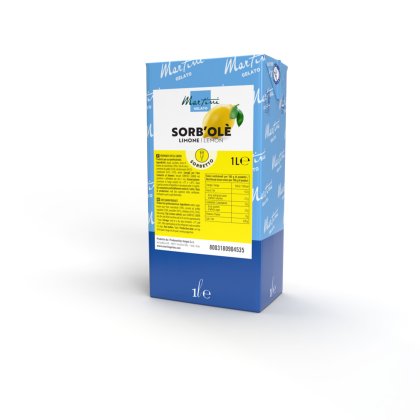 Blaue 1-Liter-Packung Zitronensorbet Martini Gelato Sorb'Olè mit gelbem Etikett und Zitronenillustrationen.